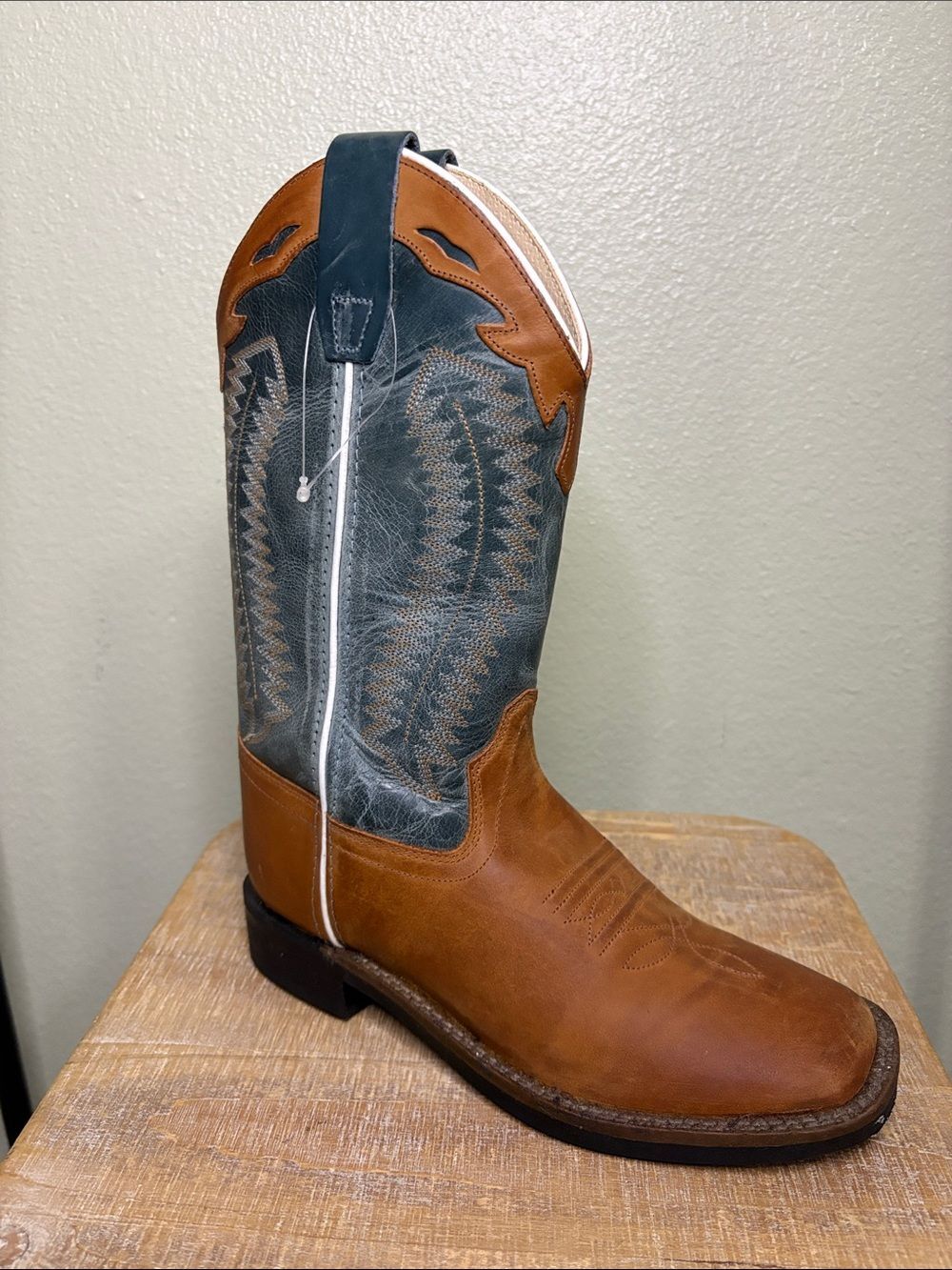 Old West Boys Two-Tone Leather Western Cowboy Boots - Brown & Green - Size 3.5 - Picture 6 of 14